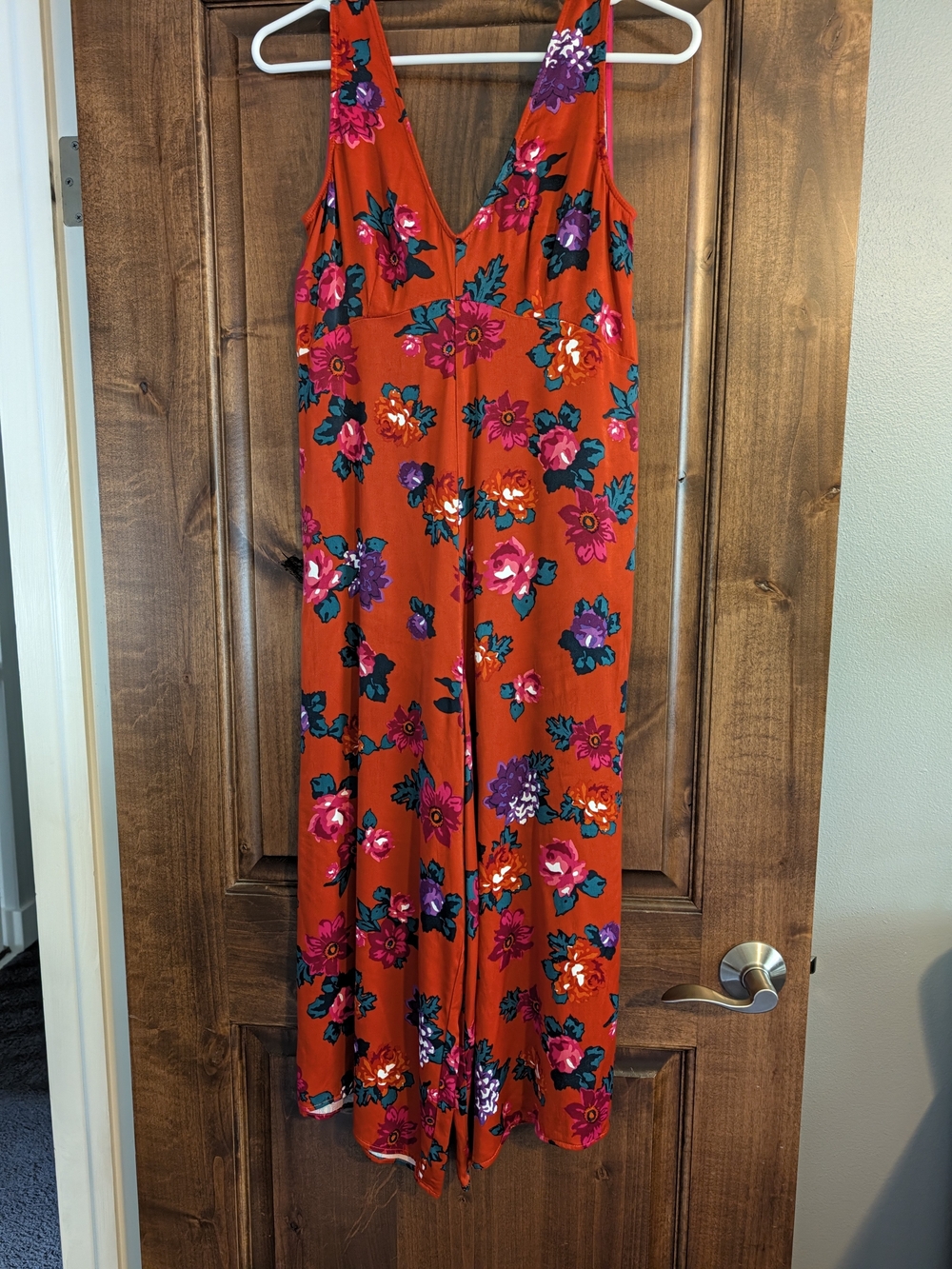 Anthropologie Red Floral V-Neck Wide-Leg Jumpsuit